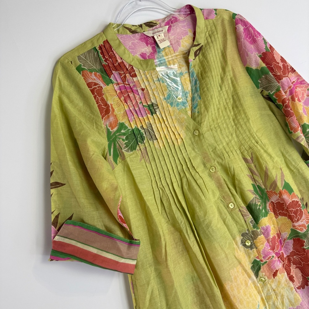 Sundance Floral Pintuck Tunic Women Medium Green Multi Cotton Boho 3/4 Sleeve - Picture 3 of 13